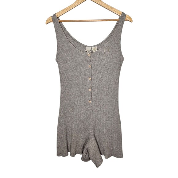 Vtg VICTORIAS SECRET Waffle Knit Romper Small Gray Playsuit Sleeveless Thermal - Picture 1 of 5